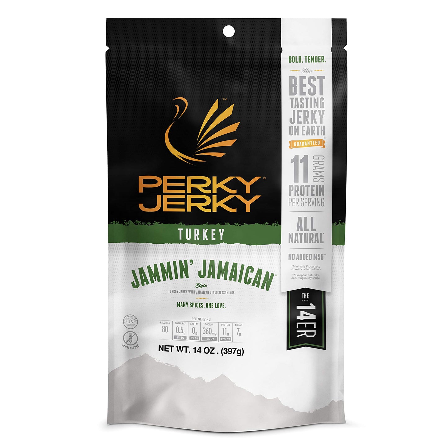 Perky Jerky Jammin' Jamaican Turkey Jerky, 14Oz - Low Sodium - 11G Protein Per Serving - Low Fat - 100% U.S. Sourced - Tender Te