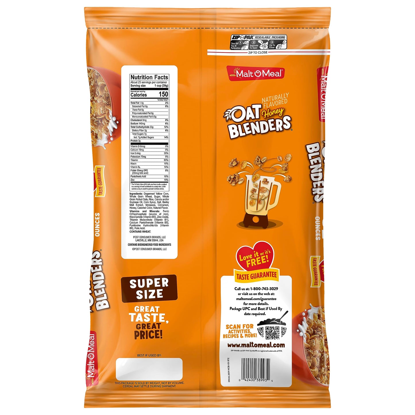Malt-O-Meal Honey And Oat Blenders® Kids Breakfast Cereal, Family Size Bulk Bagged Cereal, 32 Ounce - 1 Count