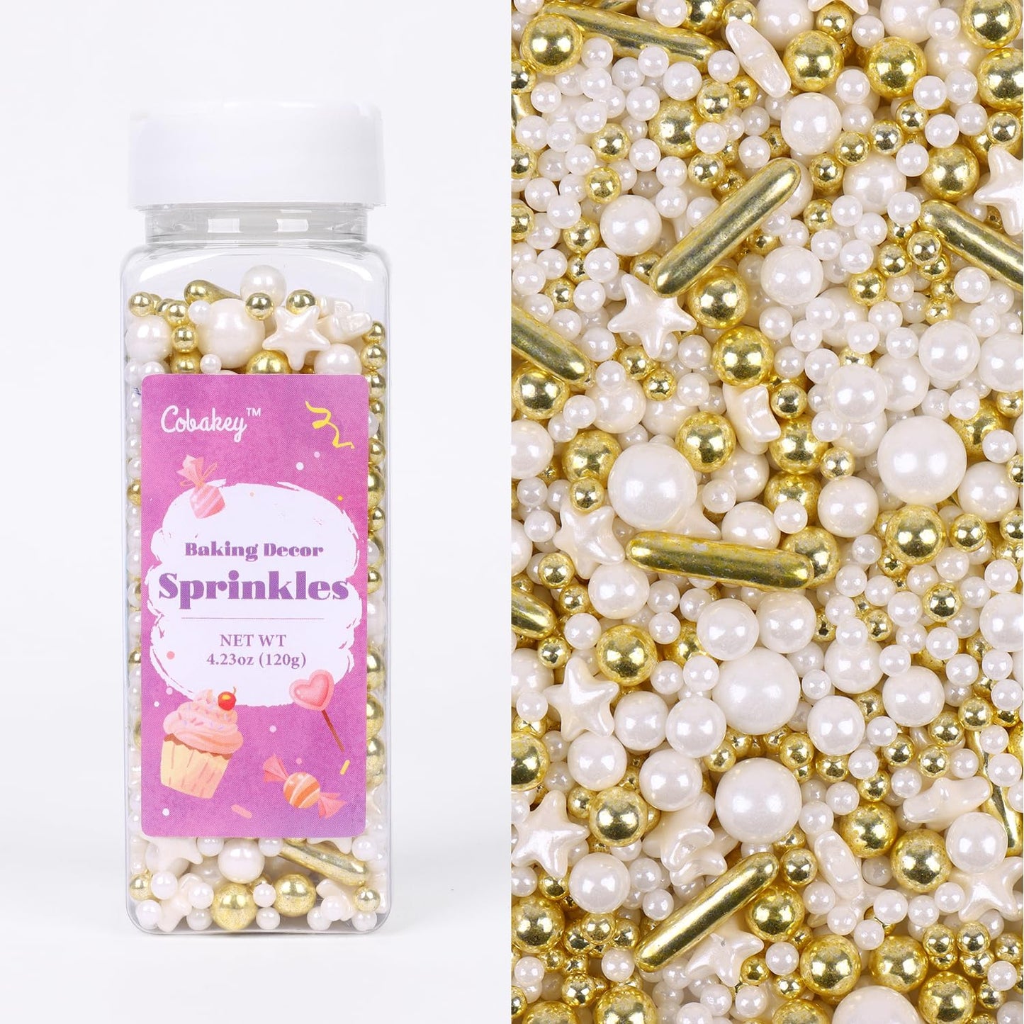 White Deluxe Gold Sprinkles For Cake Decorating 4.23Ounce - Sugar Mix Contains Star & Pearl Sprinkles For Cupcake Toppers, Ice C
