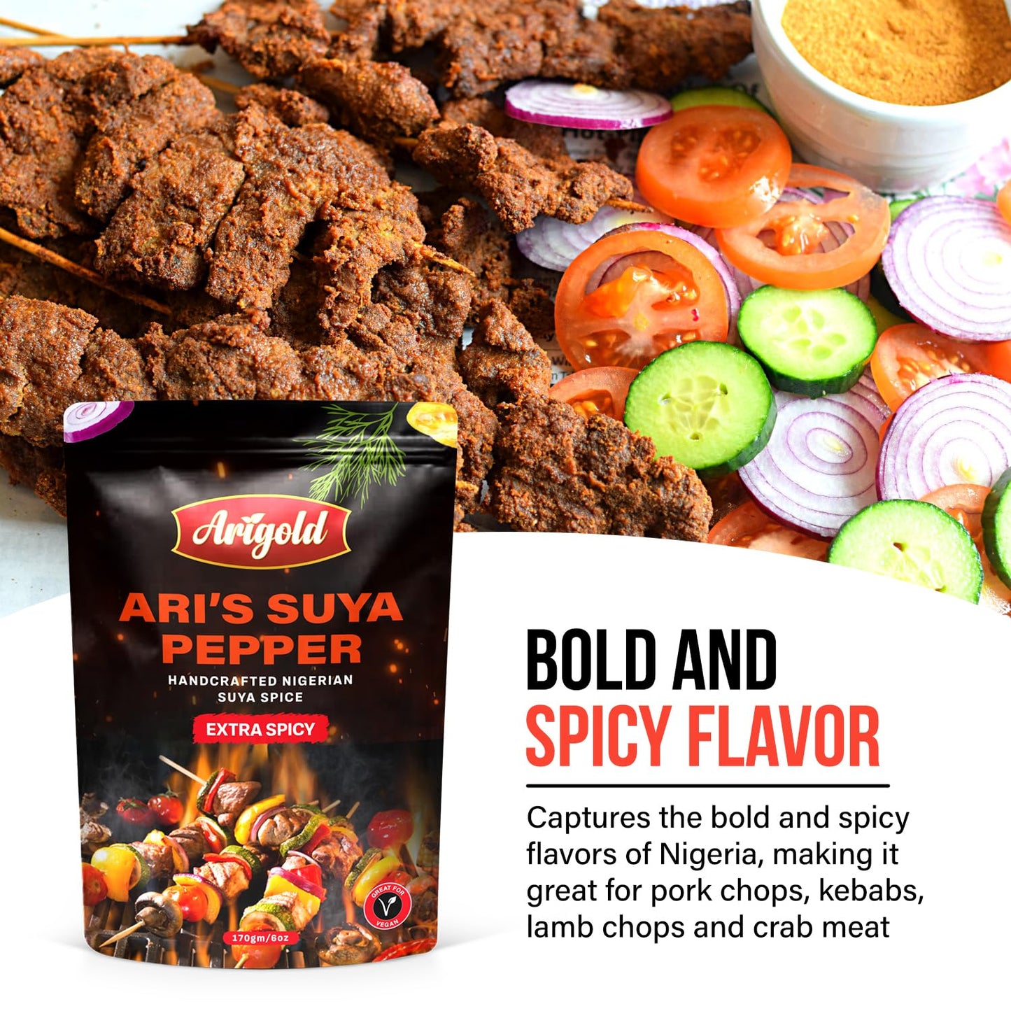 Arigold Suya Pepper - Handcrafted Nigerian Spice for BBQ, Chicken & Seafood - Extra Spicy - 5.5 oz