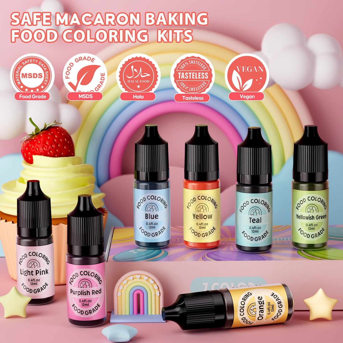 Food Coloring for Cake Decorating Macaron Edible Food Dye for Baking Royal Icing Cookie Supplies Gluten Free 7x12ml Food Grade L