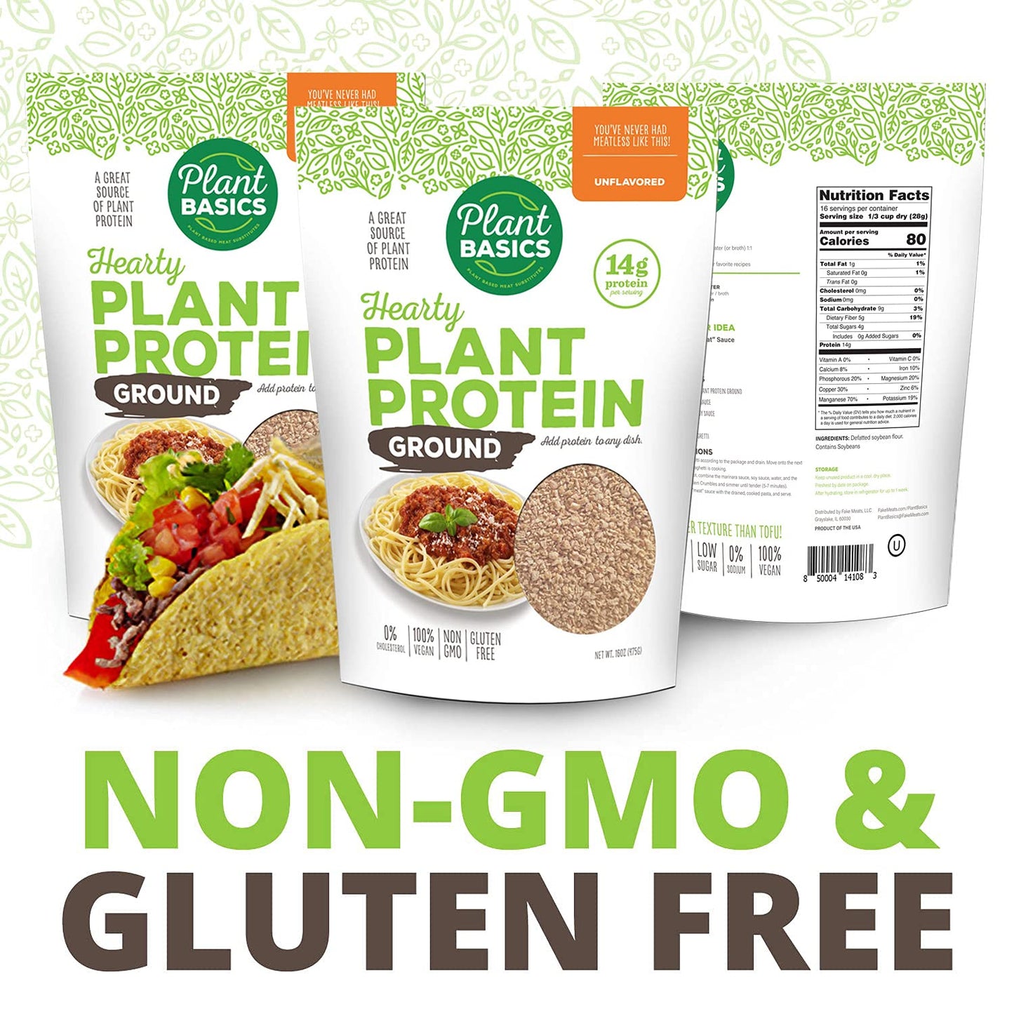 Plant Basics - Hearty Plant Protein - Unflavored Ground, 1 Lb, Non-Gmo, Gluten Free, Low Fat, Low Sodium, Vegan, Meat Substitute