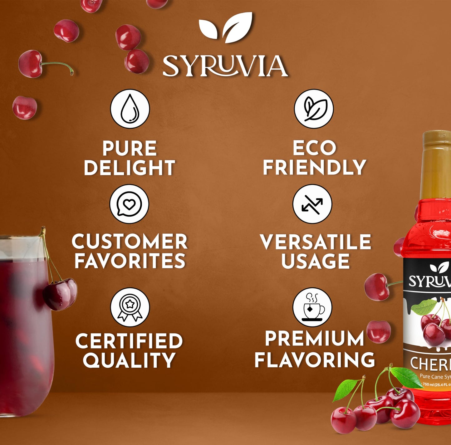 Syruvia Cherry Syrup - Premium Flavoring Syrup For Tea, Italian Sodas, Beverages, Desserts, Ice Cream, Cocktails & Mocktails - K