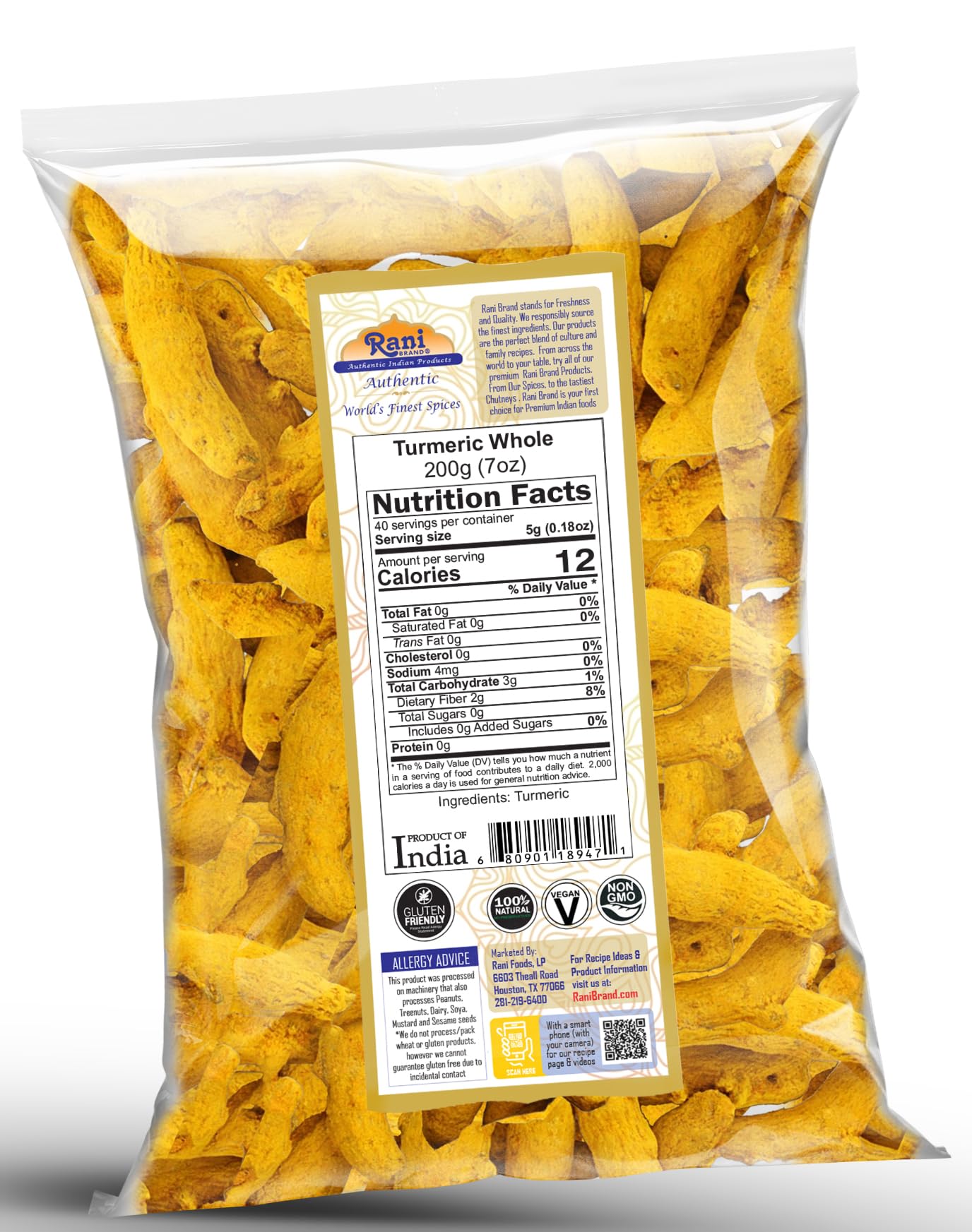 Rani Turmeric (Haldi) Root Whole Spice, Dried 7Oz (200G) ~ All Natural | 100% Pure | Vegan | Gluten Friendly | Non-Gmo | Kosher | Indian Origin