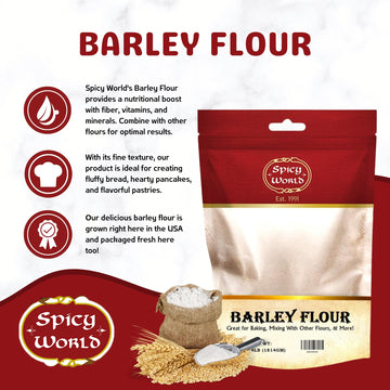 Spicy World Barley Flour - 4 lb (64oz) Bag | All-Natural, Raw, USA Grown | Versatile Barley Grain for Baking, Cooking, and More