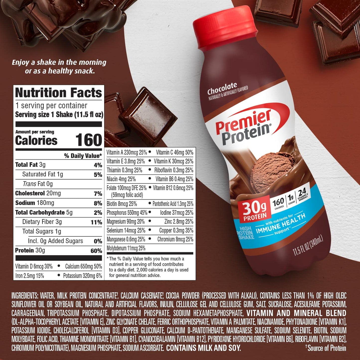 Premier Protein Shake, Chocolate, 30g Protein 1g Sugar 24 Vitamins Minerals Nutrients to Support Immune Health, 11.5 fl oz (Pack