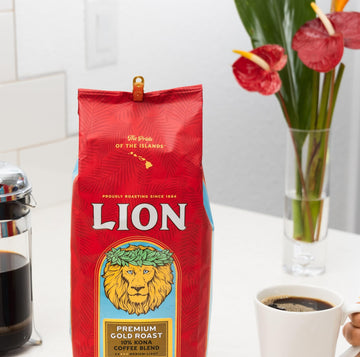 Lion Coffee Premium Gold Roast Whole Bean Coffee, 10% Kona Blend, Medium-Light Roast, A Taste Of Aloha - 24 Ounce Bag