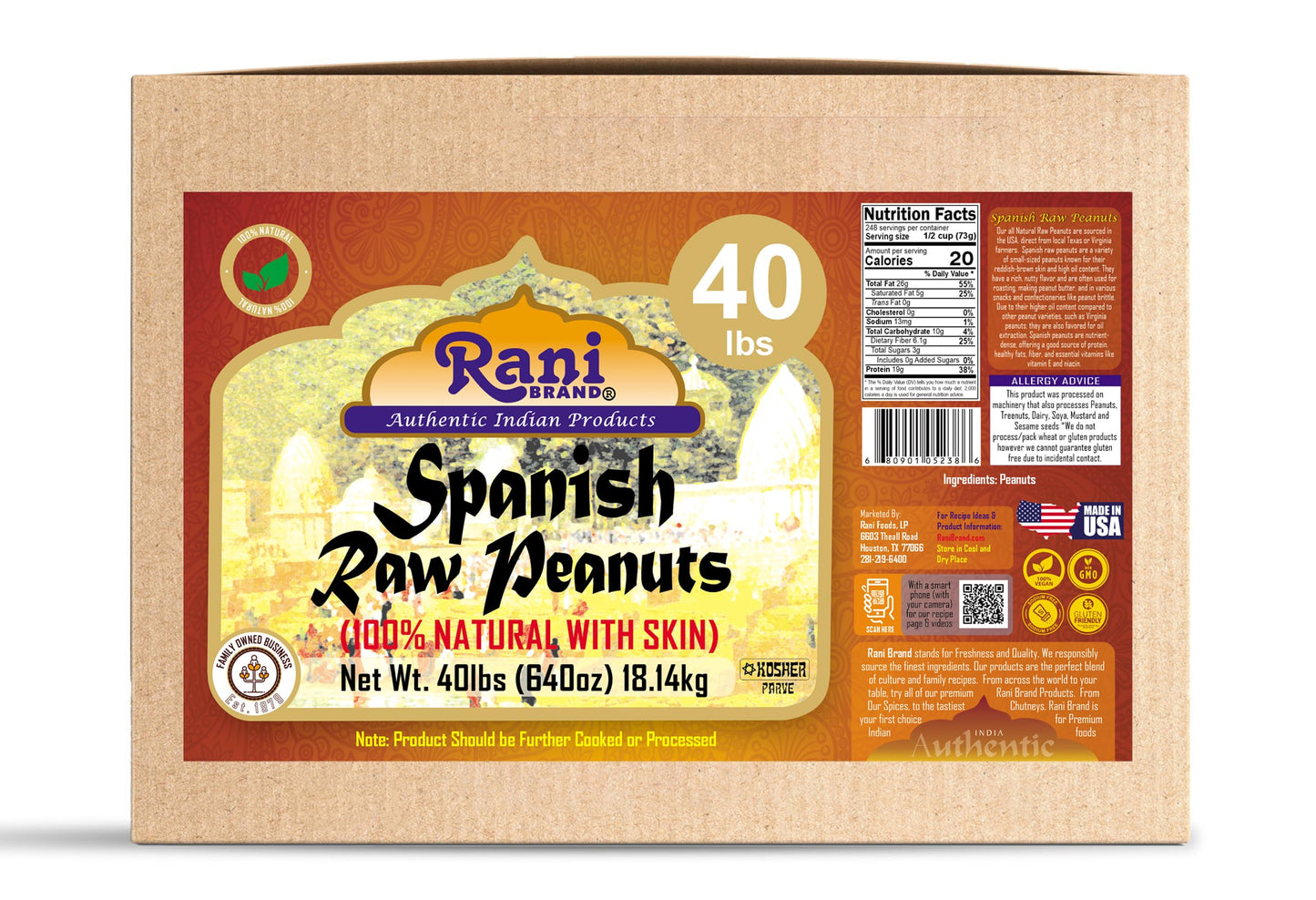 Rani Raw Spanish Peanuts 100% Natural With Skin (Uncooked, Unsalted) 40Lbs (640Oz) 18.14Kg Bulk Box ~ Vegan | Gluten Friendly |