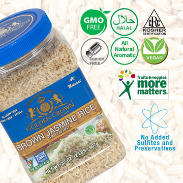 Golden Brown Jasmine Rice - Naturally Sourced Thai Fragrant Long Grain Gluten Free Gmo Free Vegan Kosher Halal Rice - 32Oz (2Lb)