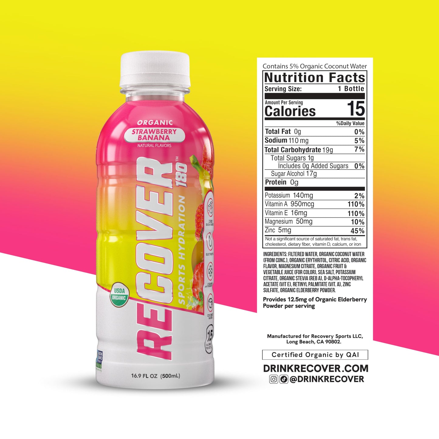RECOVER 180 Organic Sports Hydration Drink, No Sugar Added, 20 Calories, Strawberry Banana, 16.9 Fl Oz (Pack of 12)