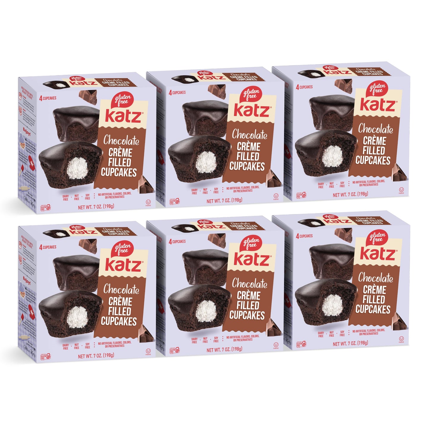 Katz Gluten Free Chocolate Creme Filled Cupcakes. Free of Dairy, Peanuts, Tree Nuts, and Sesame. Kosher, 7oz (6Pk)