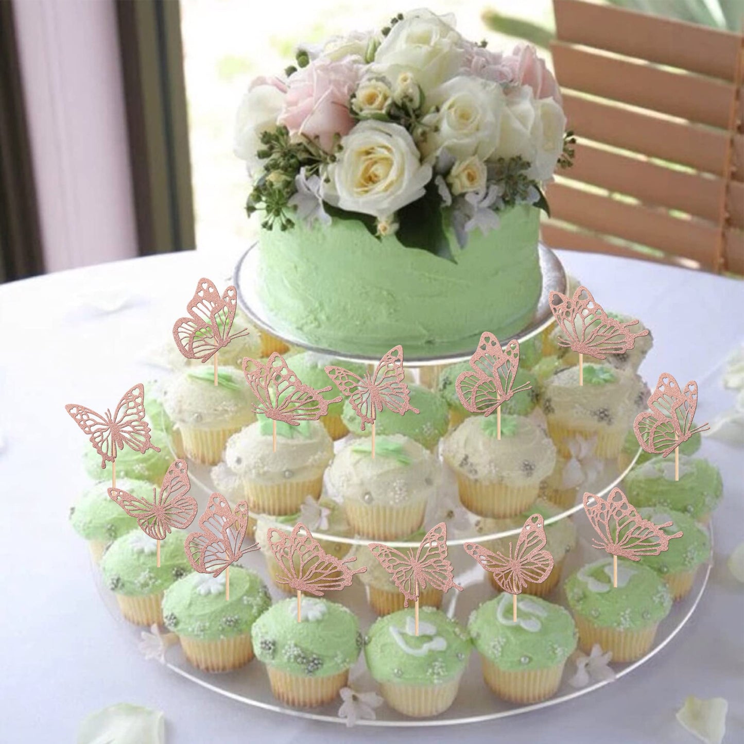 Rssta i Butterfly Cupcake Toppers, 24 Pack, Glitter, Paper, Rose Gold, Model XM248