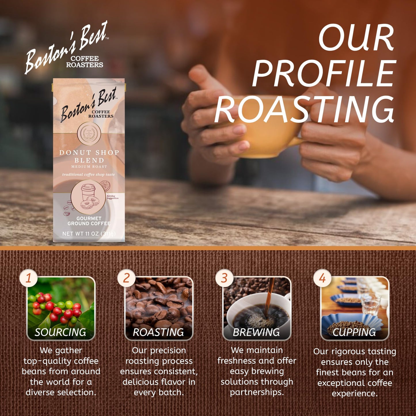 Bostons Best Coffee - Donut Shop Gourmet Coffee, Hearty Medium Roast, Premium Ground Coffee, 11 Oz. / 311 G Coffee Bag