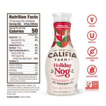 Califia Farms - Almond Milk Seasonal Holiday Nog, 48 Oz, Dairy Free, Soy Free, Plant Based, Vegan, Non-GMO, Gluten Free, Egg Nog