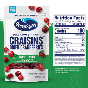 Ocean Spray Craisins, 50% Less Sugar Dried Cranberries, Dried Fruit, 5 Oz Pouch (Pack Of 1)