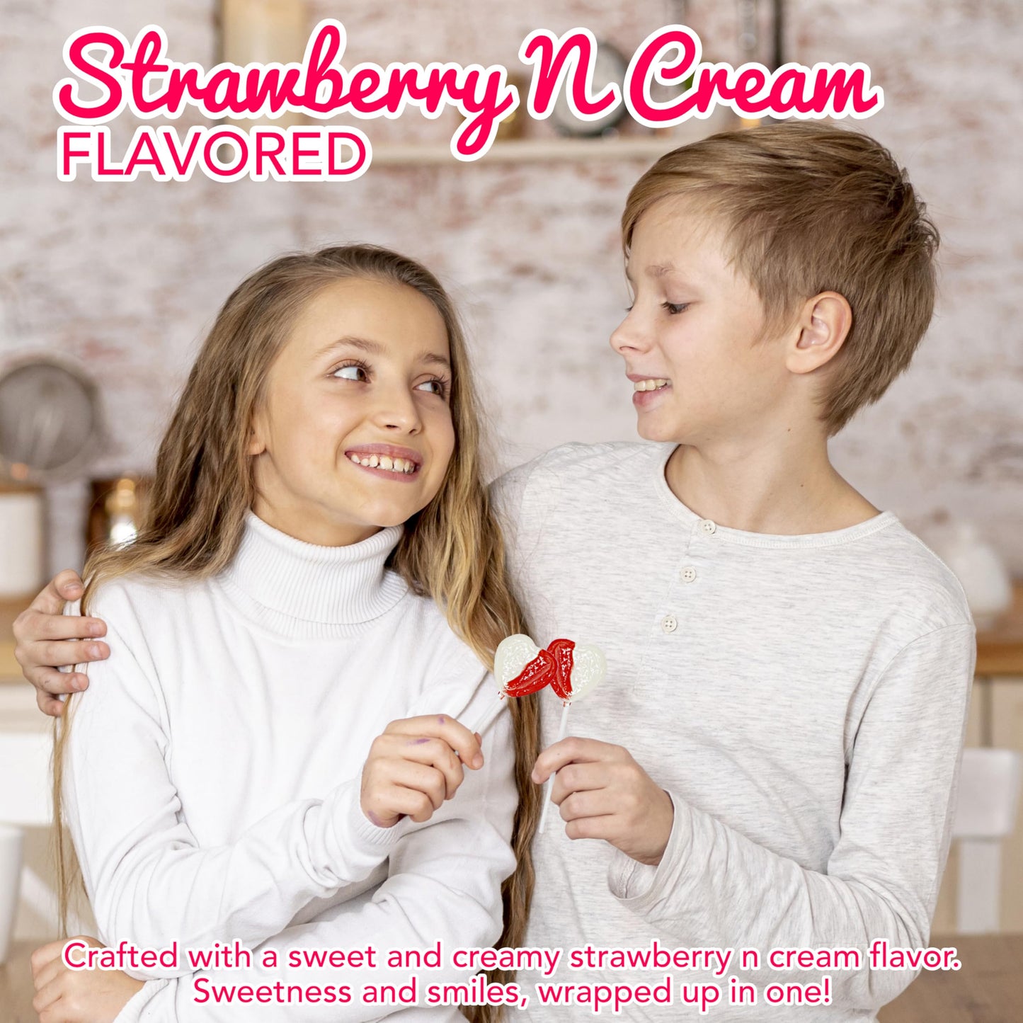 4E'S Novelty 38 Pack Heart Shaped Lollipops, Strawberry And Cream Flavored, Individually Wrapped Valentines Suckers For Kids Adu