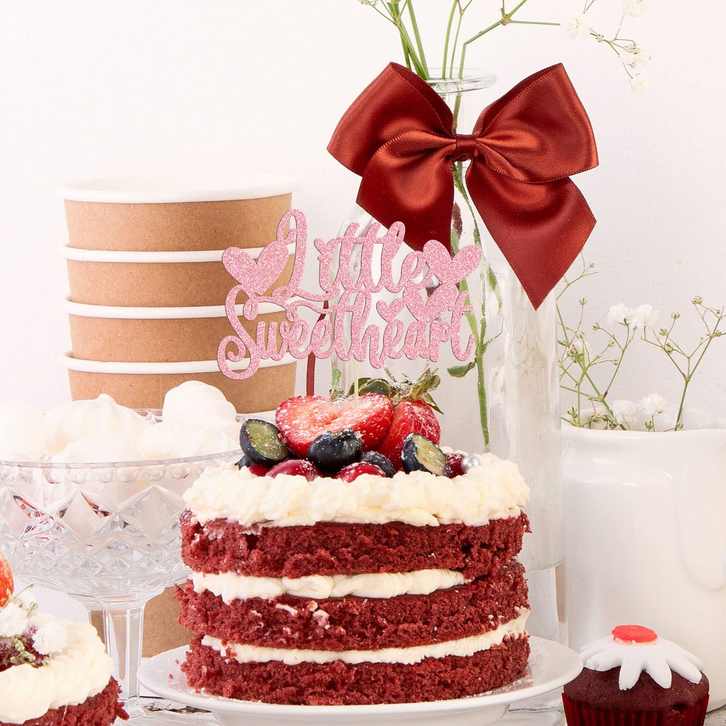 Gyufise 1Pc Little Sweetheart Cake Topper Pink Glitter Happy Valentine'S Day Cake Topper Decoration For Valentine Theme Birthday