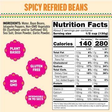 SOMOS Spicy Refried Beans - Gluten Free, Non-GMO, Vegan & Microwavable Meals Ready to Eat - Delicious, Healthy & Convenient - Pe