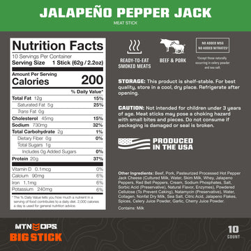 MTN OPS Big Stick High Protein Meat Sticks - 20g Protein 10% Collagen - Jalapeo Pepper Jack Flavor - Individually Wrapped Beef Snacks - 10 Count Carton