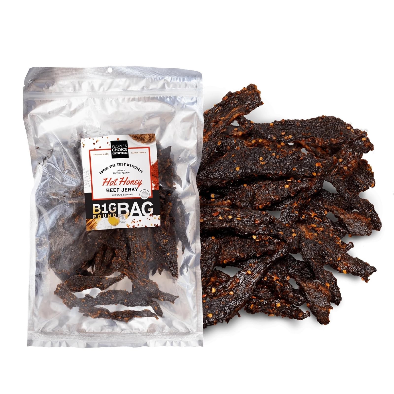 People's Choice Beef Jerky - Test Kitchen Small Batch - Hot Honey - Spicy Beef Jerky - High Protein Snacks for Adults - Camping