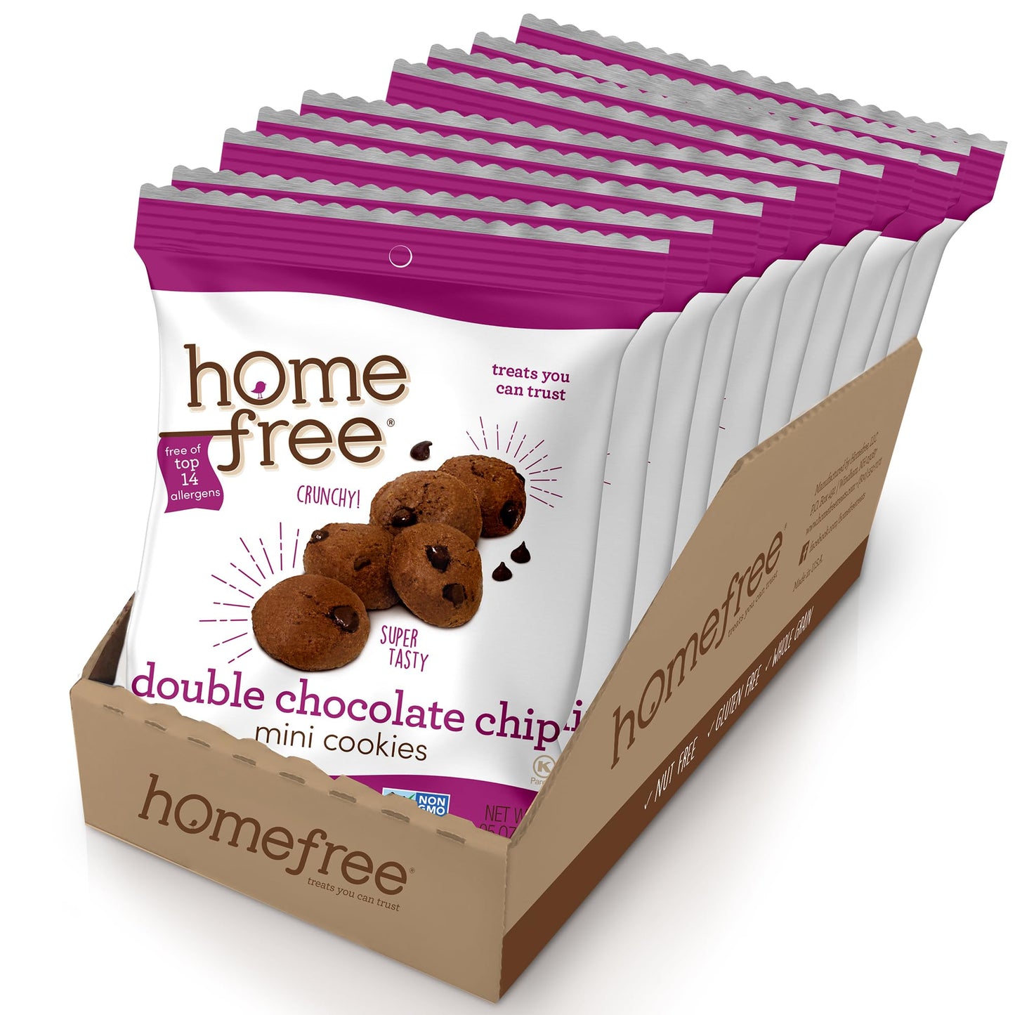 Homefree Mini Double Chocolate Chip Cookies, Gluten Free, Nut Free, Vegan, Individually Wrapped Packs, School Safe and Allergy F