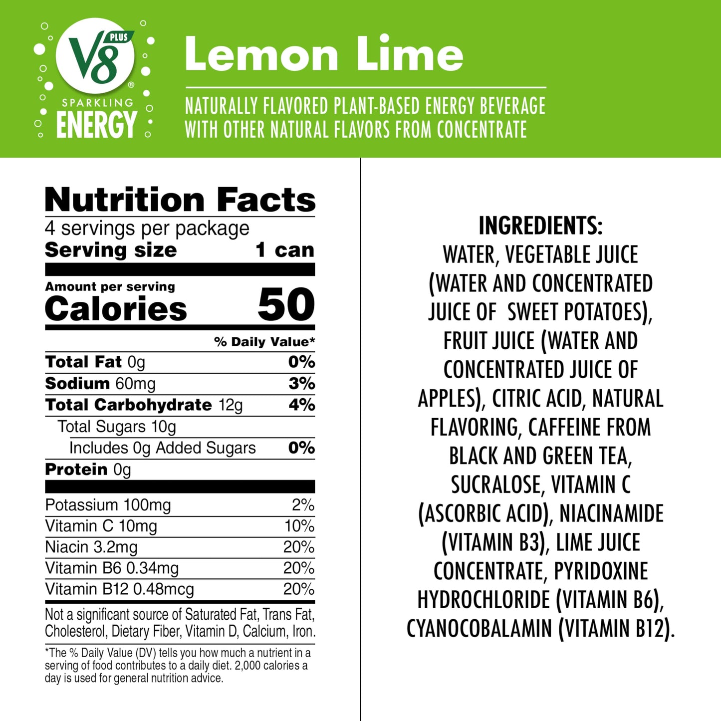 V8 +ENERGY Lemon Lime Energy Drink, 11.5 FL OZ Can, Pack of 24, Made with Real Juices, Model 200000027628