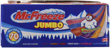 Mr. Freeze Jumbo Cherry,Grape,Orange,Raspberry,Watermelon Ice Pops Freezies 150 Mililiters/5 Ounces - 70 Pack No Hfcs Imported F
