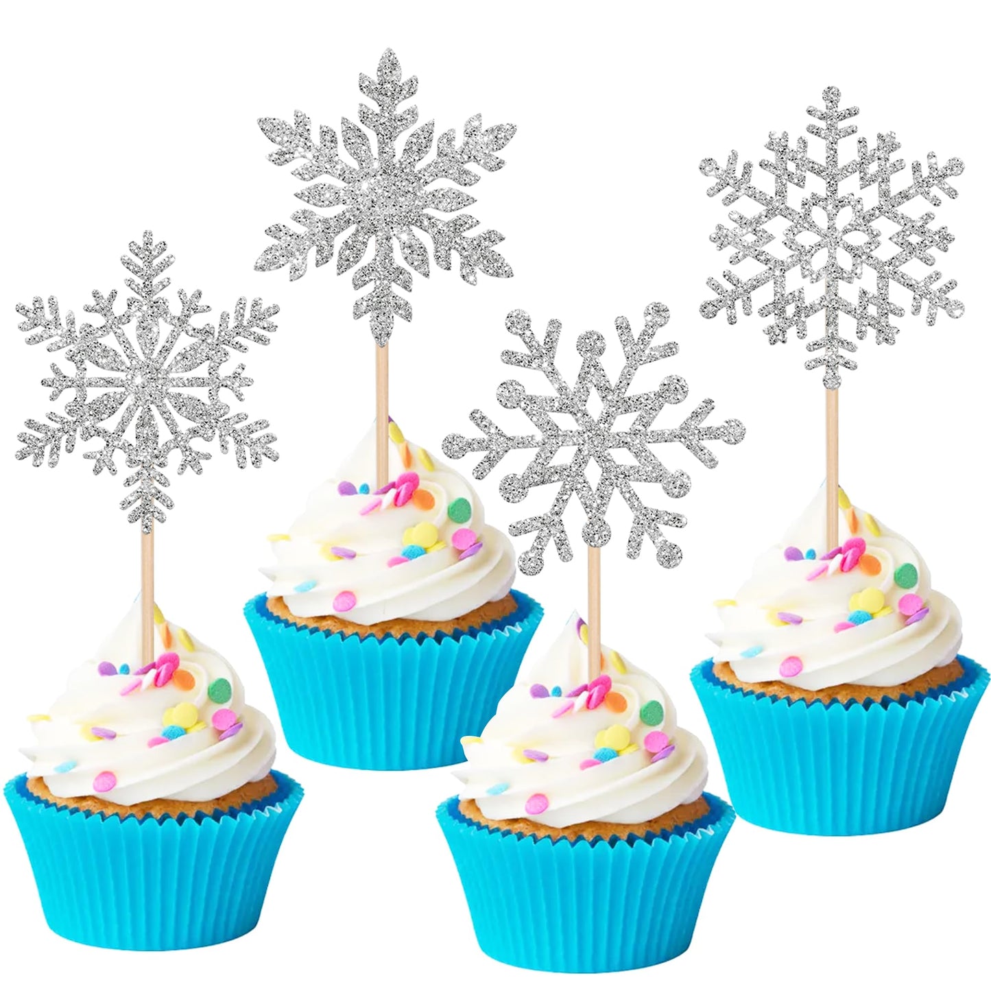 24 Pcs Snowflake Cupcake Toppers Glitter Winter Theme Snowflake Cupcake Picks Baby Shower Kids Birthday Christmas Party Cake Decorations Supplies Silver