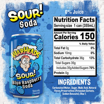 Warheads Soda - Sour Fruity Soda, Blue Raspberry Flavor, 12 Fl Oz Cans, Pack of 12