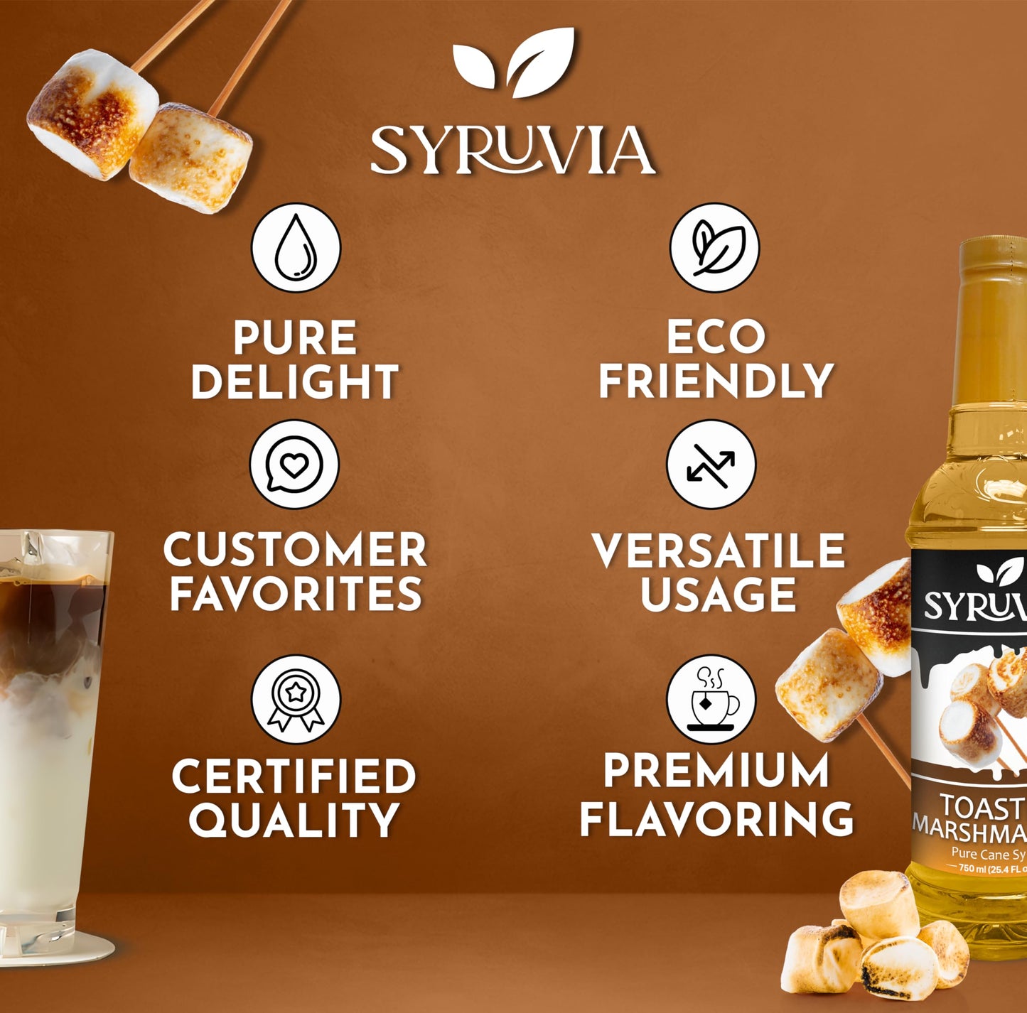 Syruvia Toasted Marshmallow Coffee Syrup - 25.4 Fl Oz Premium Coffee Flavoring Syrup - Kosher Coffee Syrups, Gluten Free, No Col