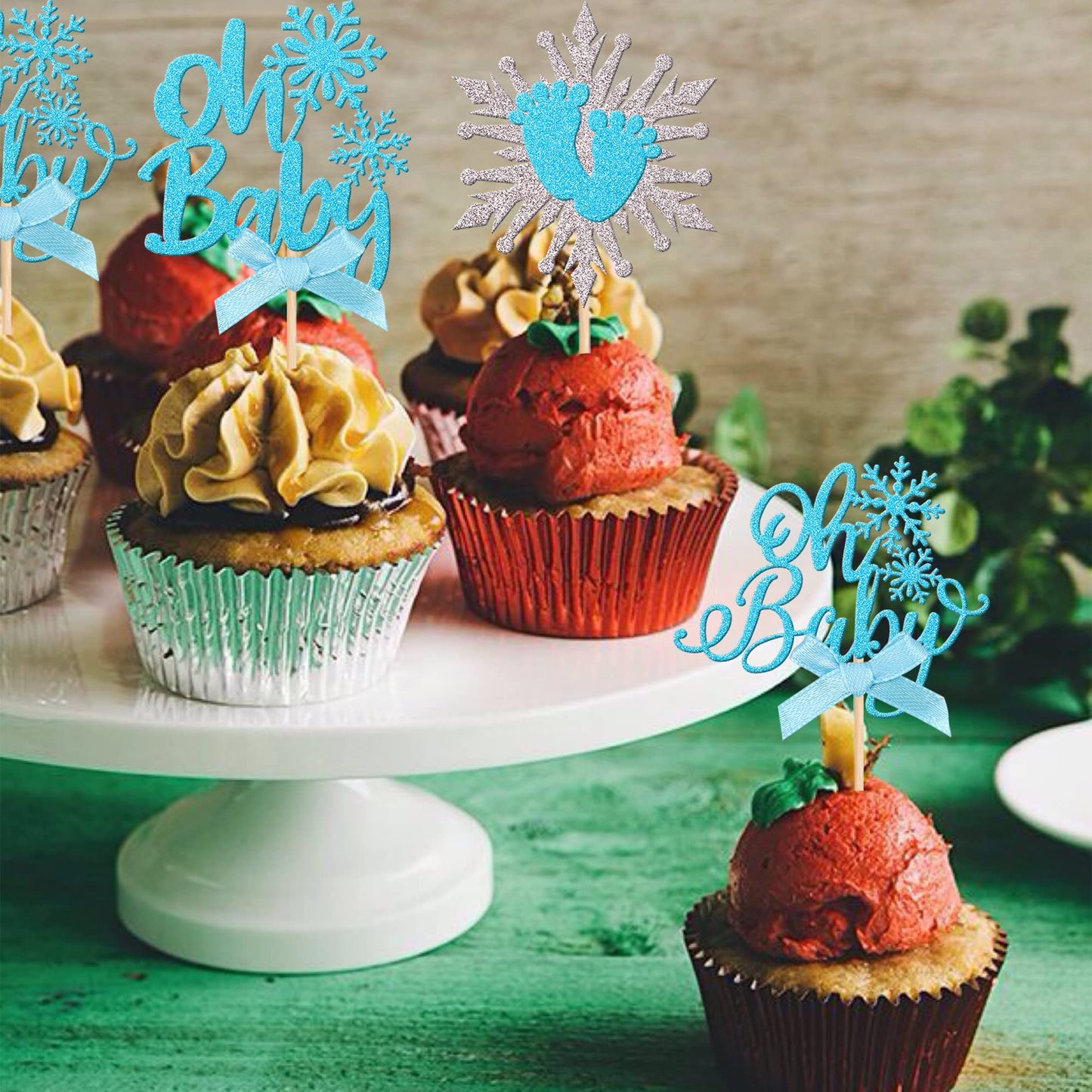 24 PCS Snowflake Oh Baby Cupcake Toppers with Bow Glitter Winter Frozen Theme Baby Feet Snowflake Cupcake Picks for Winter Wonde