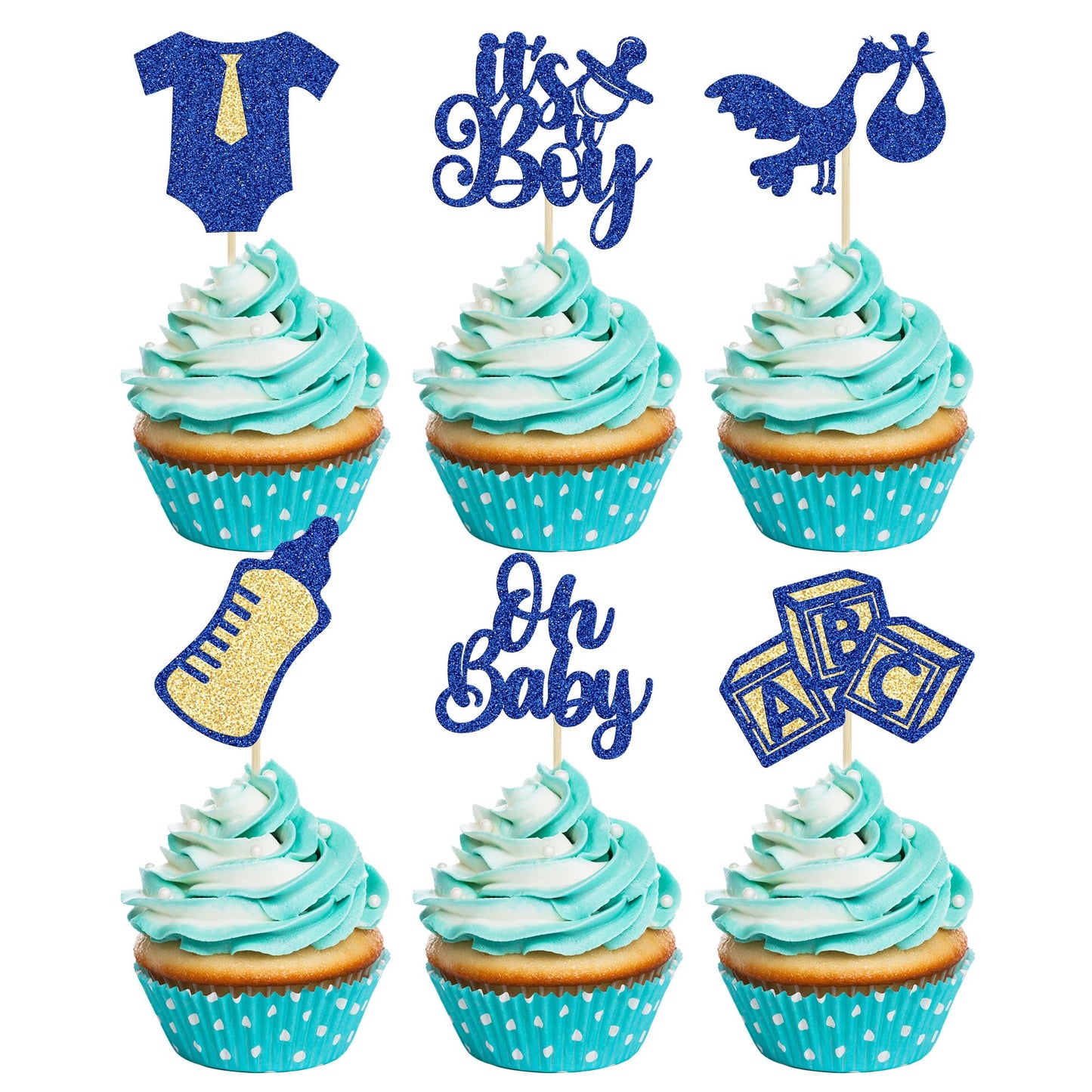 Gyufise 24Pcs Baby Shower Cupcake Toppers Glitter Tie Onesie Baby Bottle Oh Baby Cupcake Picks ItS A Boy Cake Decorations For Baby Shower Gender Reveal Kids Boys Birthday Party Supplies Deep Blue