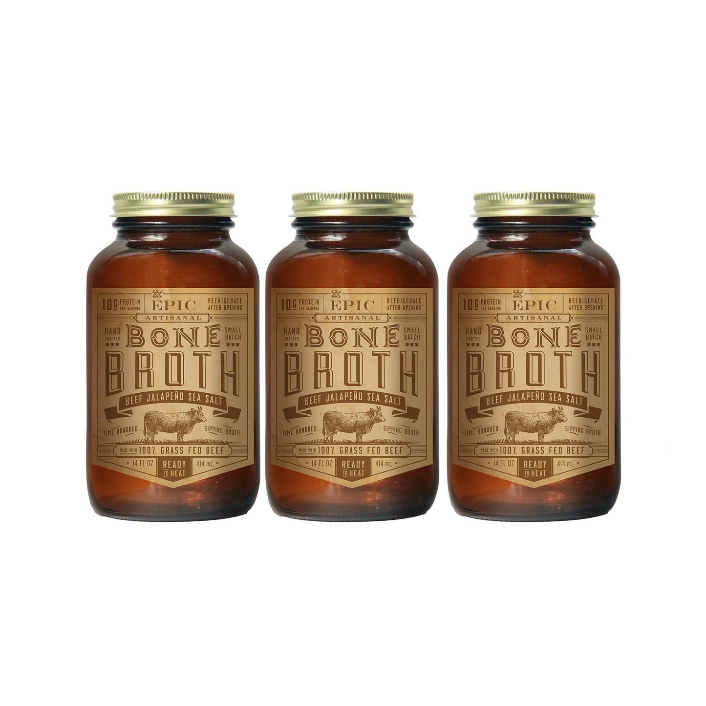 Epic Artisanal Bone Broth Beef Jalapeno Sea Salt, 14 Oz. (3 Pack)