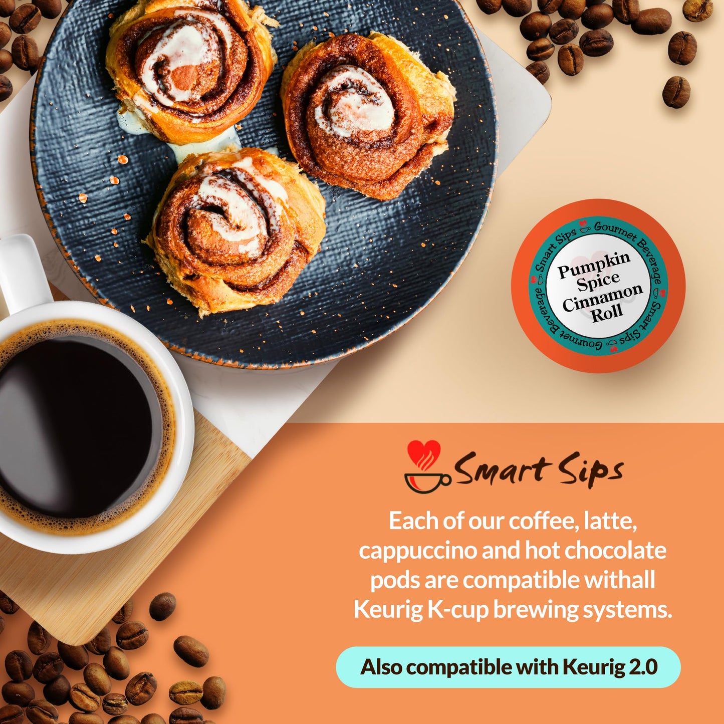 Smart Sips Coffee Pumpkin Spice Cinnamon Roll Coffee - Medium Roast, 48 Count Single-Serve Cups for Keurig K-Cup malt-inspired