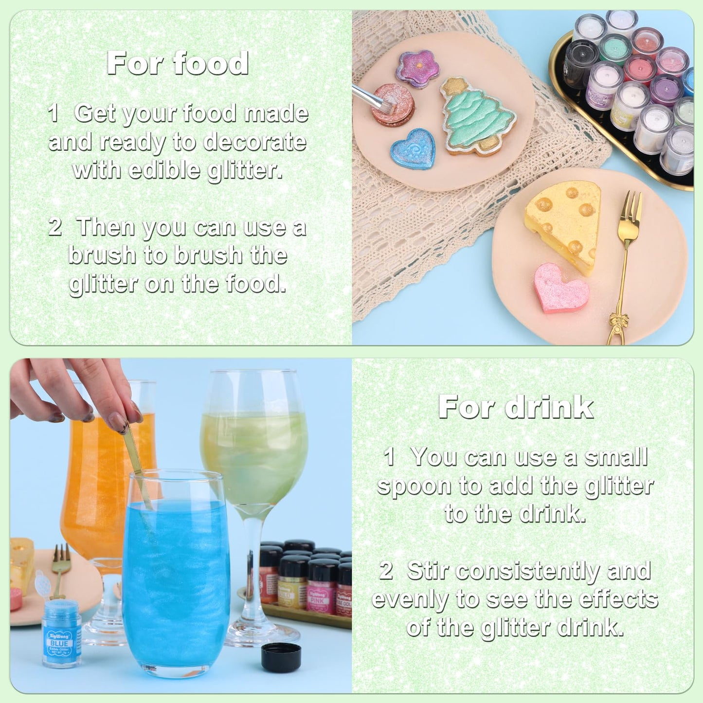 Iridescent Green Edible Glitter - 5G Food Grade Cake Decorating Shimmering Glitter, Edible Sprinkle Luster Dust For Drinks, Choc