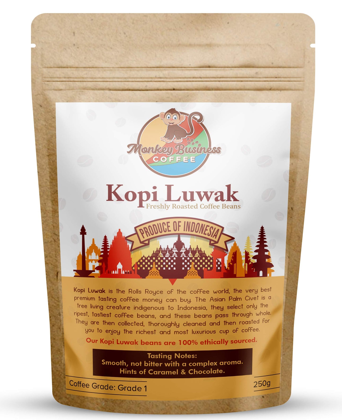 Monkey Business Coffee - Wild Kopi Luwak Coffee Whole Beans - Ethically Sourced - 250 Grams (8.8Oz) (Other Weights & Bean Types