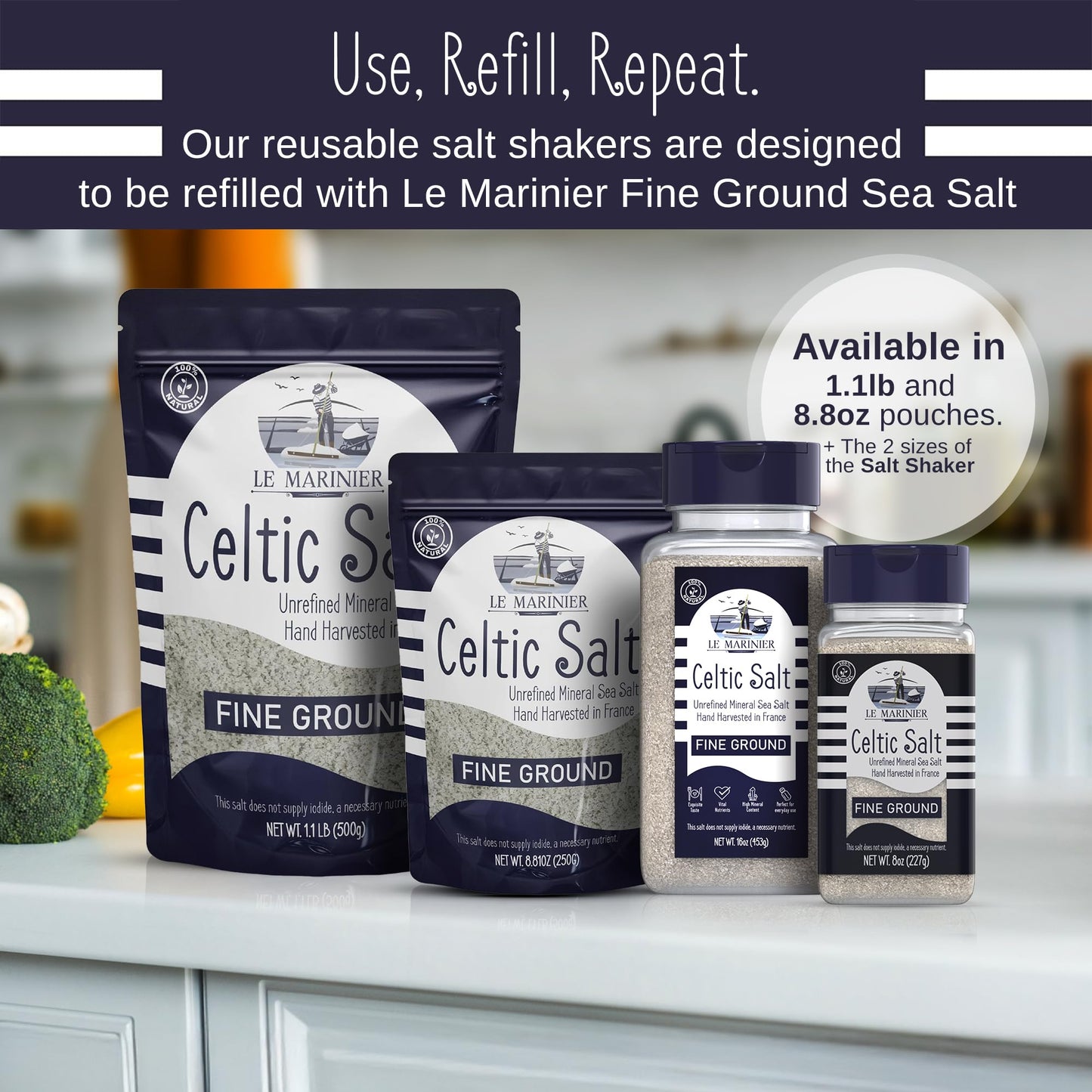 Le Marinier Celtic Salt Organic Fine Ground, 1 lb - 16oz. Mineral Rich 100% Natural and Unrefined. Refillable Salt Shaker. Frenc