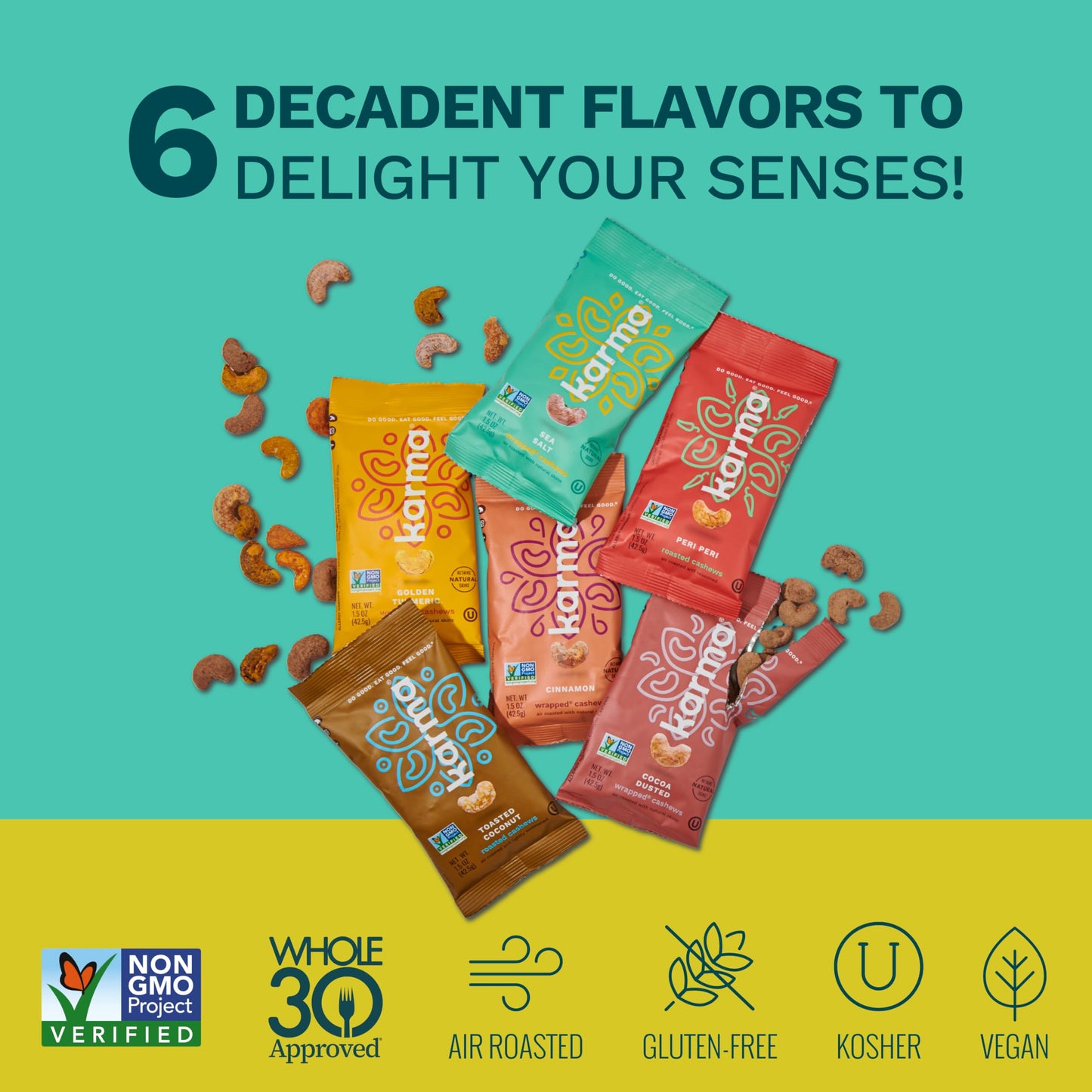 Karma Flavored Cashews Variety Pack - Gluten Free, Vegan, Non-GMO - 1.5 oz, Pack of 6