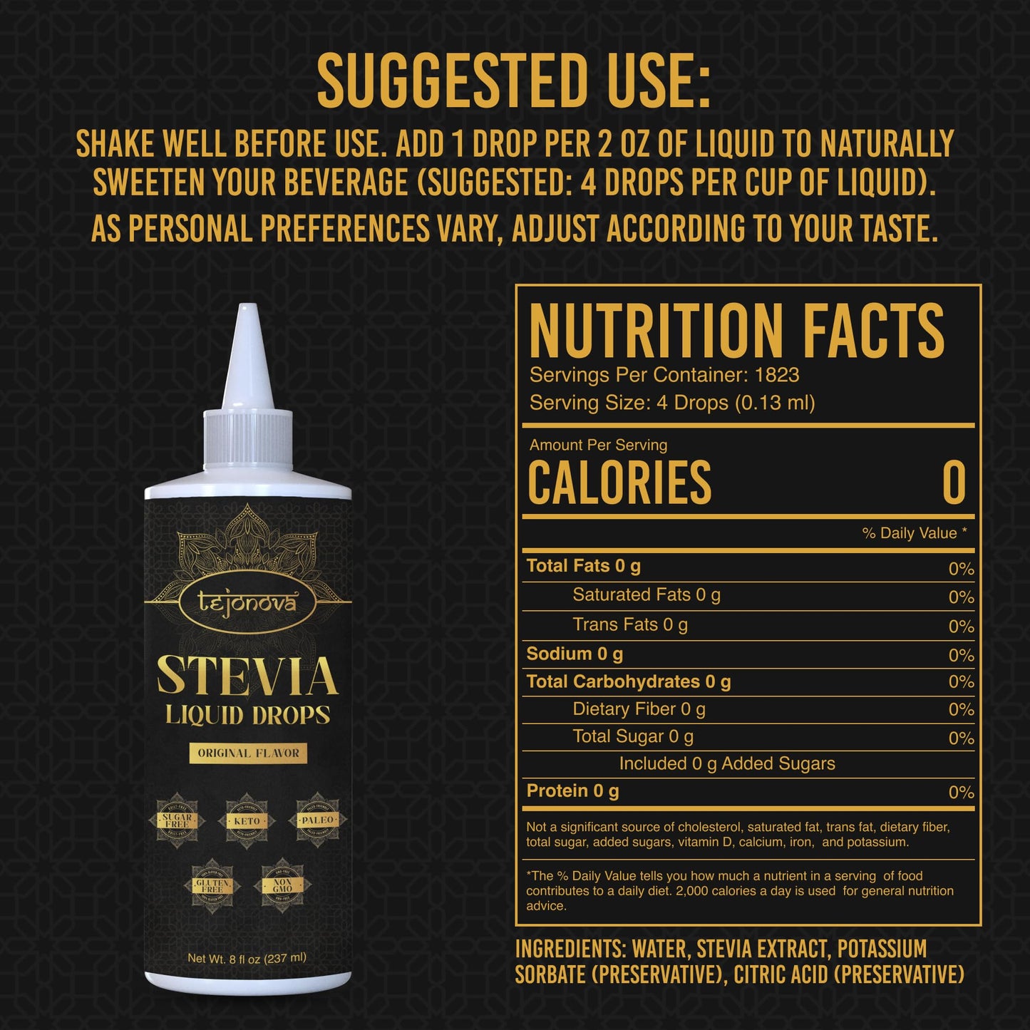 Tejonova Stevia Liquid Drops, 8Oz, Zero Calorie Stevia Liquid Sweetener From Pure Stevia Extract, Stevia Sweetener For Drinks, T