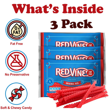 RedVines Red Licorice Bulk, 3 Pack, Original Red Licorice Twists, Soft and Chewy Licorice Christmas Candy Bulk, Fat Free, Raspbe