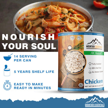 Mountain Essentials All Natural Fully Cooked Chicken 28 Oz Recipe Ready Canned Meat No Water Added | No Carbs | No Preservatives