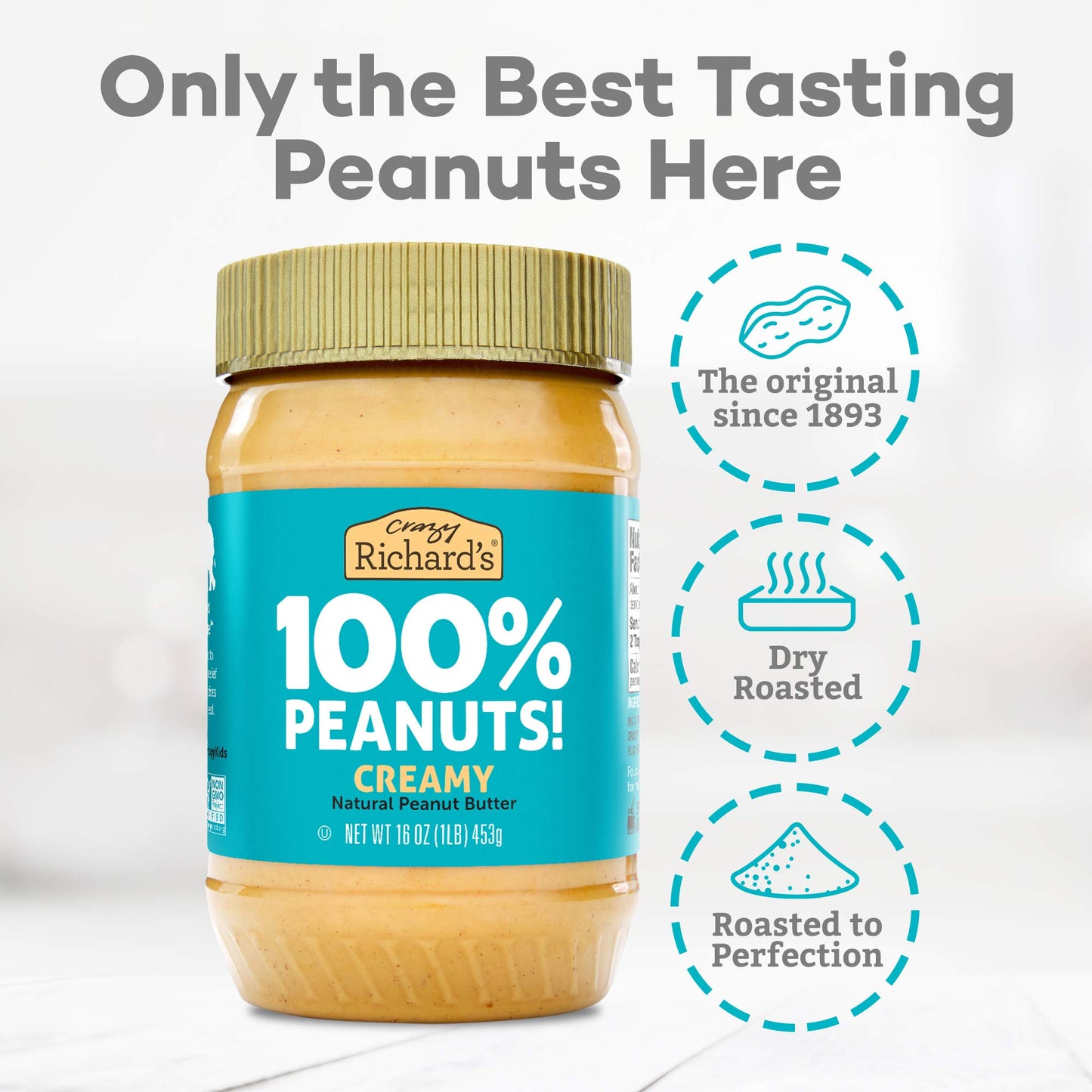 Crazy Richards Creamy Peanut Butter, 100% Natural, Non-GMO, Gluten-Free, 16 Ounce Jars (Pack of 6)