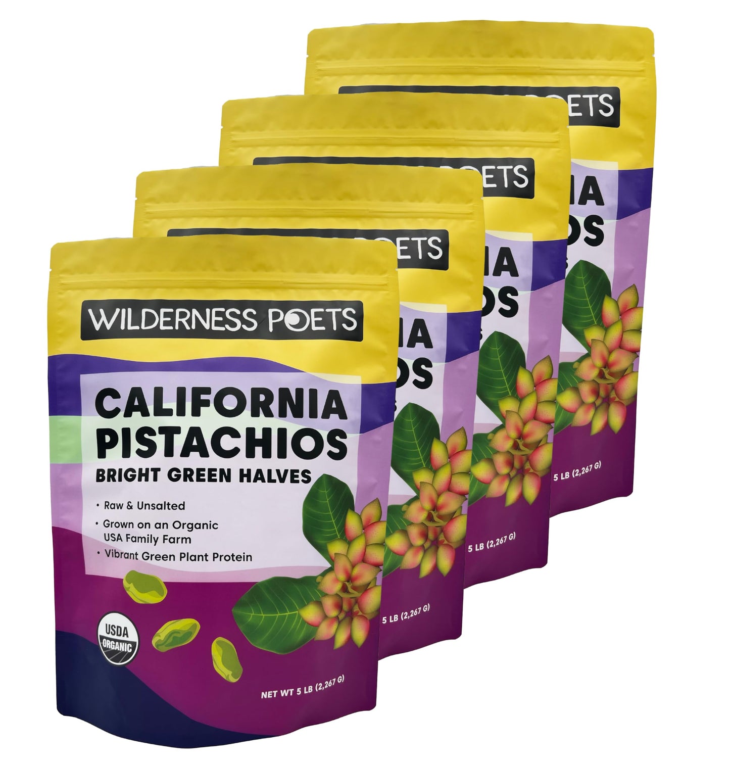 Wilderness Poets, Organic Pistachios - Bright Green Pistachio Nut Halves, No Salt, Grown In California - 5 Pound (Pack Of 4)