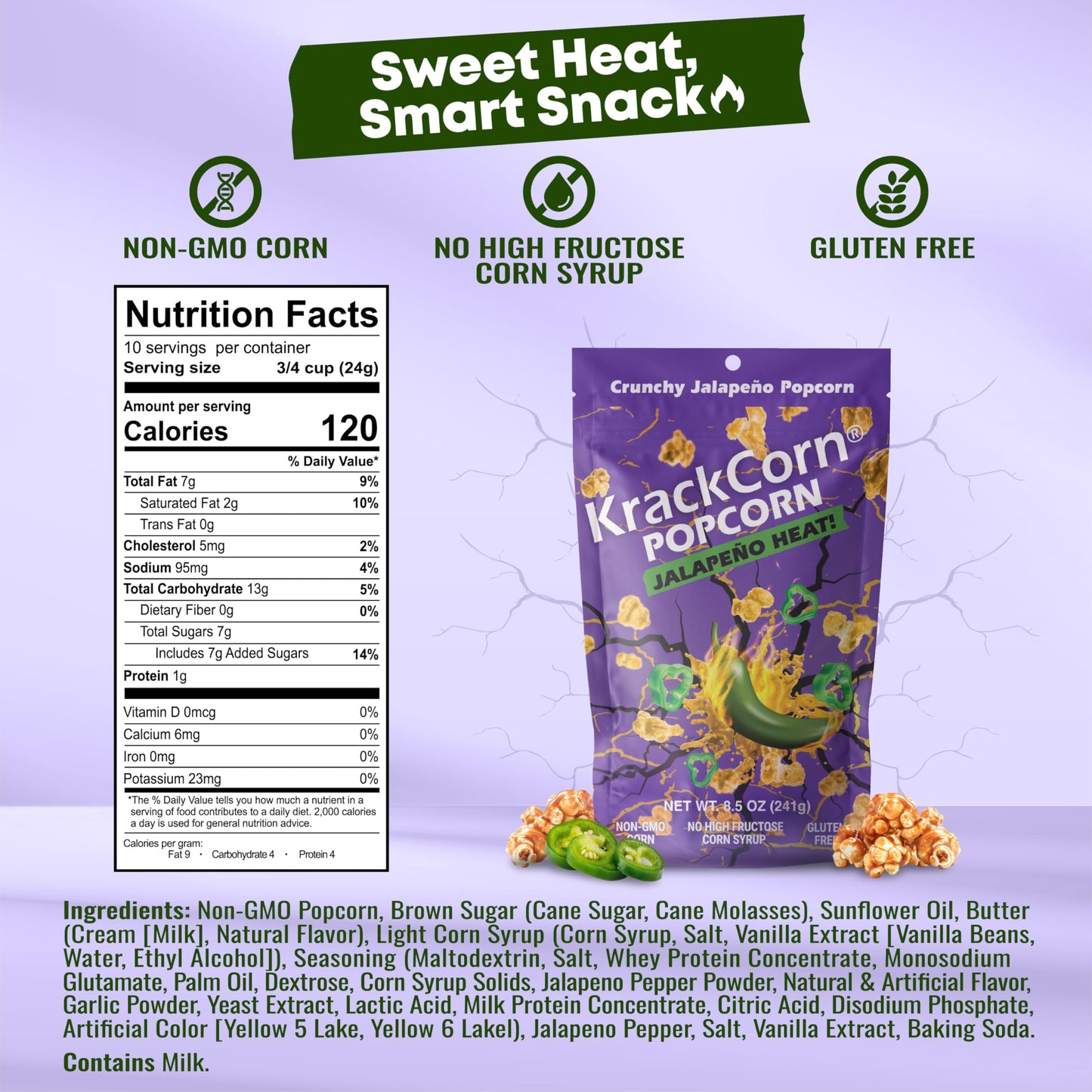 KrackCorn Jalapeno Flavored Caramel Popcorn - Gluten-Free, Non-GMO, 8.5 oz (Pack of 3)
