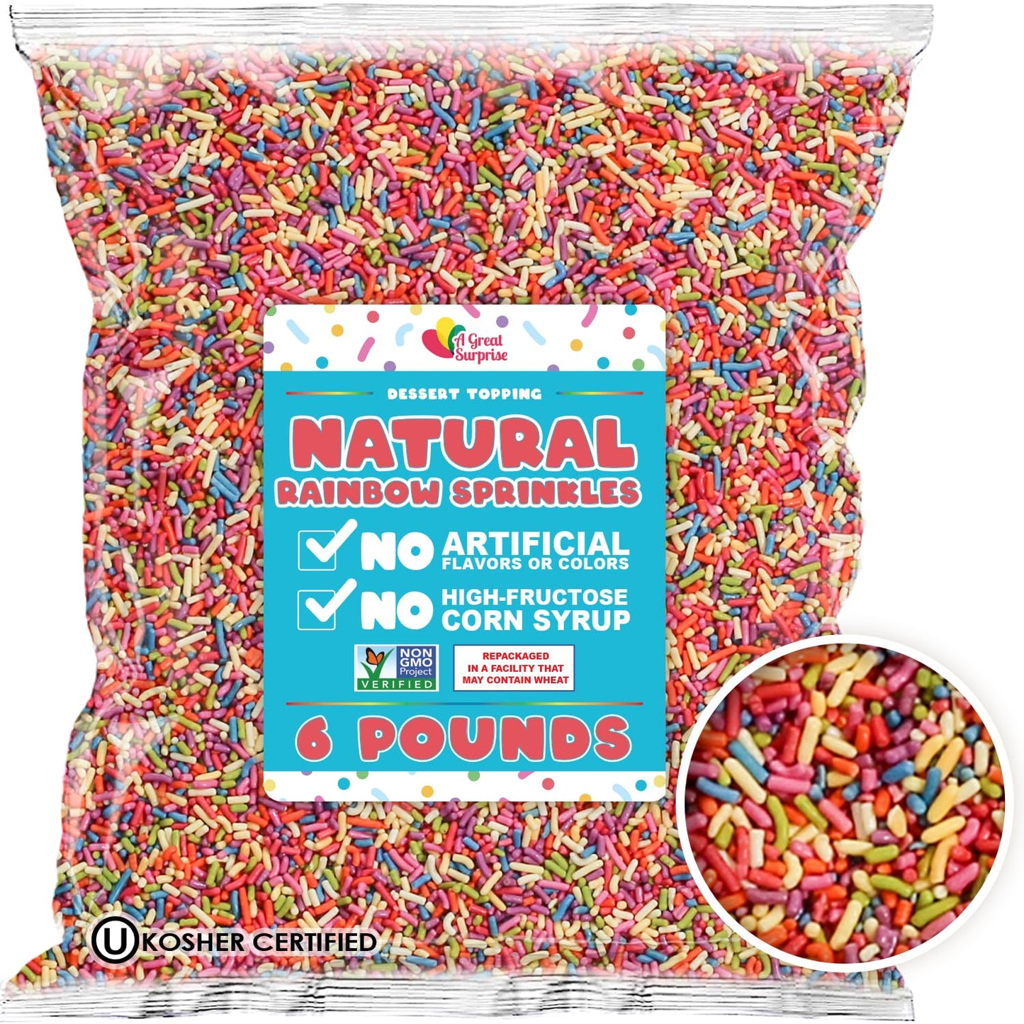 Bulk Sprinkles Dye Free - 6 Pounds - All Natural Sprinkles - Rainbow Sprinkle Mix - Bulk Jimmies, Topping for Cakes, Cookies, Ic