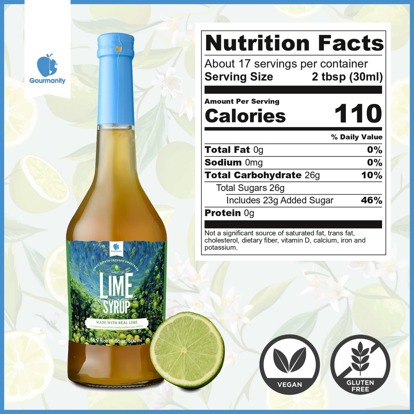 Gourmanity Lime Syrup, 2 Ingredients Only, Zingy, Citrus-Infused Syrup, Ideal For Flavoring Snow Cones, Italian Soda, Cocktails