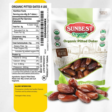 Sunbest Natural Organic Sun-Dried Deglet Noor Dates - 4 Lb Bulk Bag (64 Oz) - Pitted, Naturally Sweet & Chewy - Non-Gmo, Vegan,