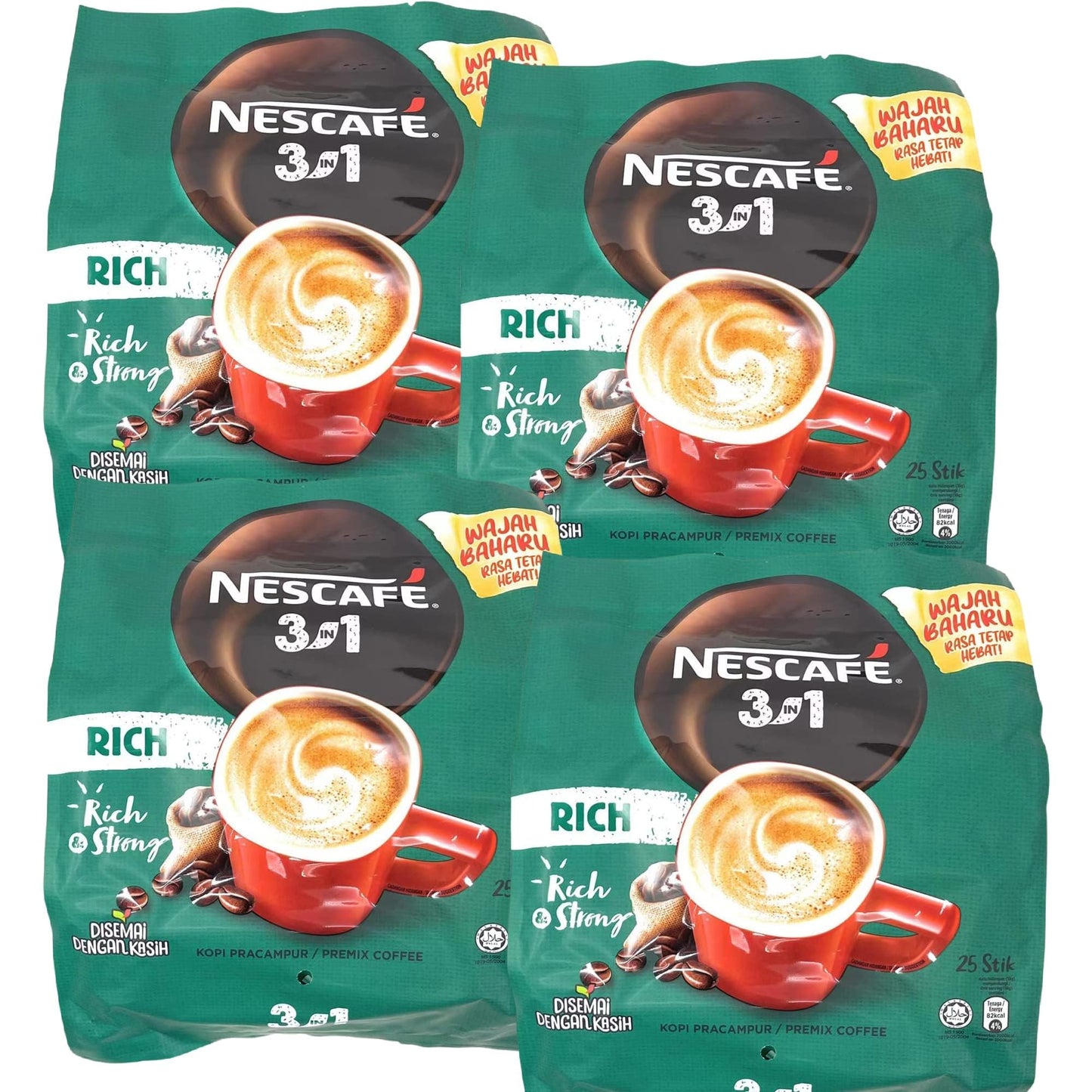 4 PACK - Nescaf 3 in 1 RICH Instant Coffee (100 Sticks TOTAL) Made from Premium Quality Beans Offers a Relaxing Flavor But wit