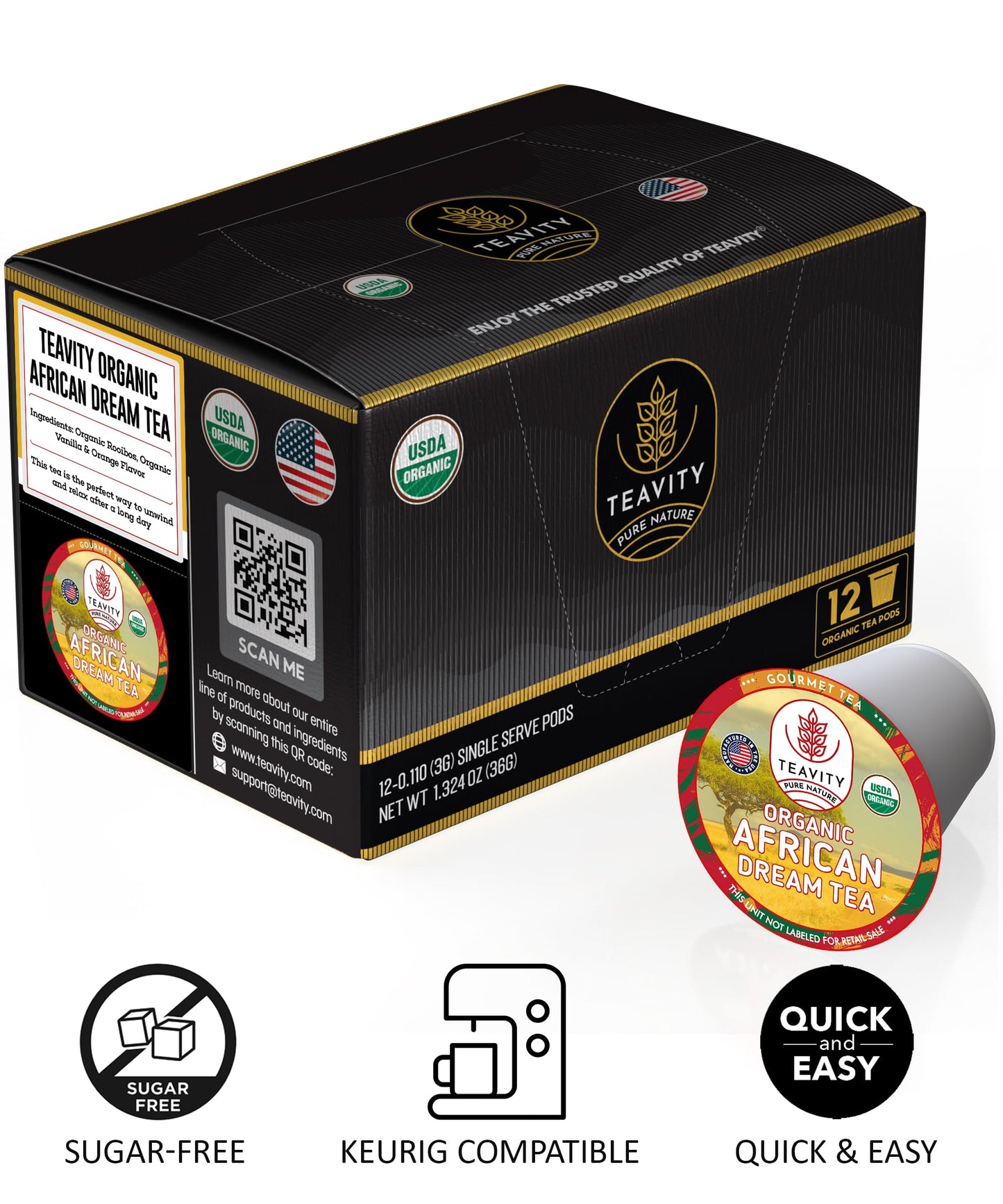 Organic Rooibos Tea Pods With Vanilla & Orange - Naturally Decaf Tea - African Dream By Teavity (12 Tea Pods)