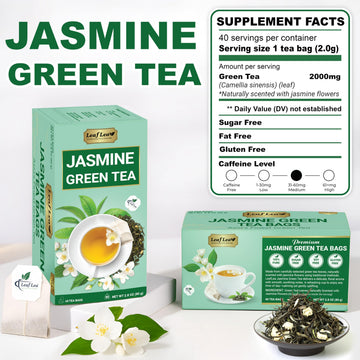 LeafLea 40 Jasmine Green Tea Bags enhanced Green Tea Scented with Jasmine Flowers for Gentle Support & Light Alertness Floral Smoothness Caffeinated Sugar-Free Non-GMO Vegan Individually Wrapped